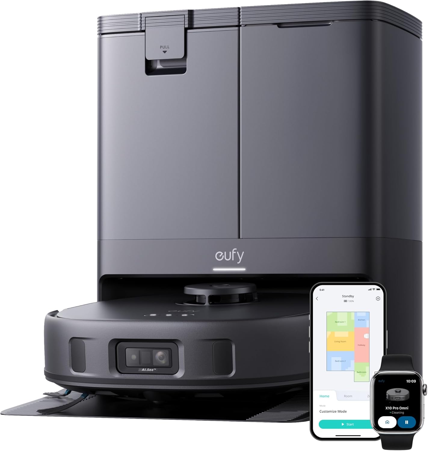 eufy X10 Pro Robô aspirador, Aspiração forte, Evita obstáculos com Laser e IA, Lava e seca sozinho