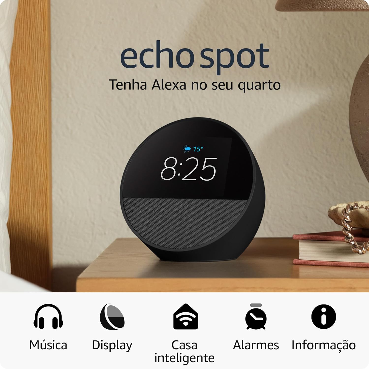 Echo Spot com Alexa Despertador inteligente com som vibrante