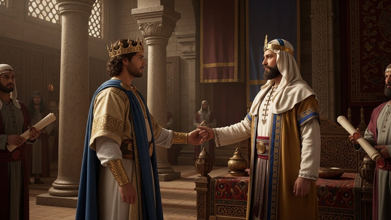 A construção do Templo de Salomão começa com alianças, cedros do Líbano e pedras preparadas com reverência. Um capítulo decisivo da era de ouro de Israel.